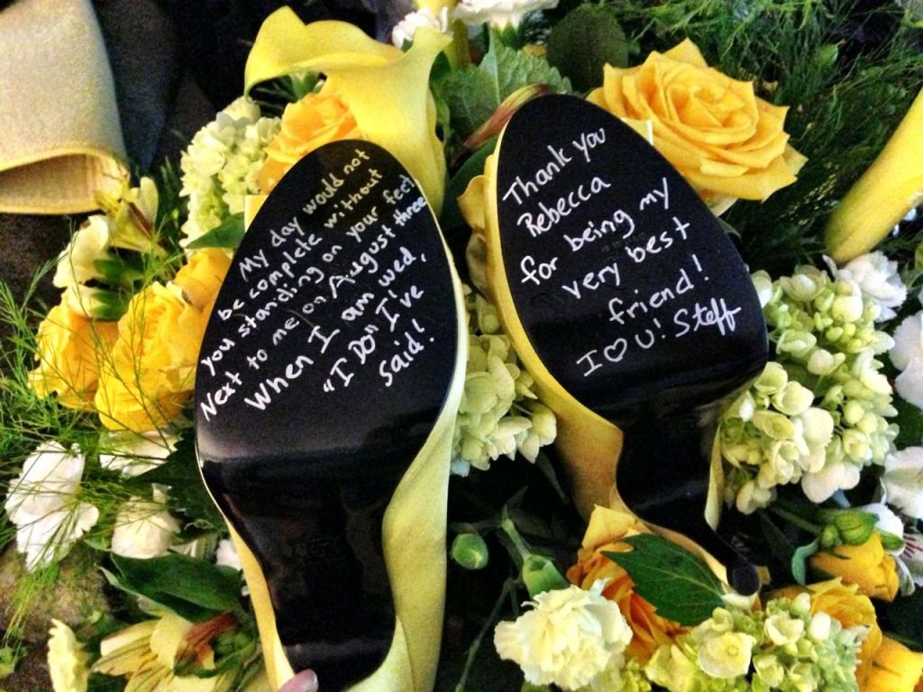 Steff wrote a sweet poem on the bottom of all of our shoes.  I happened to have mine with me when we were flower making so I thought this would be a cute photo.