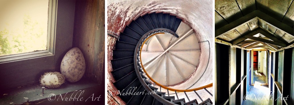 From left to right: Beach treasure is a window sill, the spiral staircase going up to the light, and the walkway from the house to the light tower.