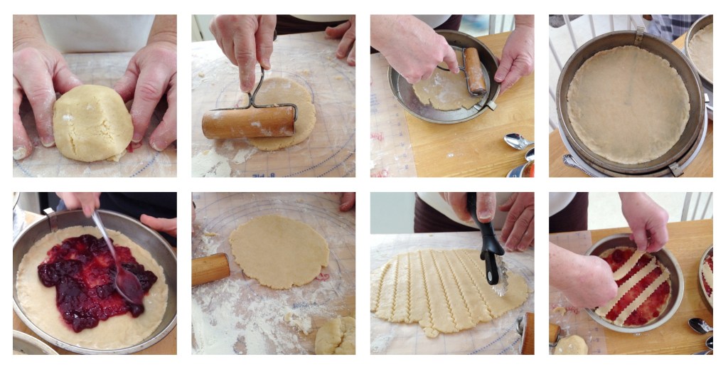 Danish Jam “Taerte” 1 2/3 cup of all-purpose flour 1 stick of margarine 1/3 cup of sugar 1 egg 1 tsp. baking powder 1 small jar of jam Confectioner’s sugar Combine first 5 ingredients; mix well (you have to use your hands or pastry blenders). Divide dough into 4 equal parts.  Use one part of dough and press into a 9” spring form pan.  Use a pastry roller to spread evenly making a small ½ inch edge.  Add ½ jar of jam and spread evenly over dough.  Cover with thin strips off dough in a crisscross pattern. (Use the second part of the dough for this, diving dough into fourths. Place four strips horizontally across the pan and the other four strips diagonally.) Repeat procedure for second tart.  Bake in oven at 350 degrees for about 25 minutes.  When completely cool, cut into 8 triangles and sprinkle with powdered sugar. 