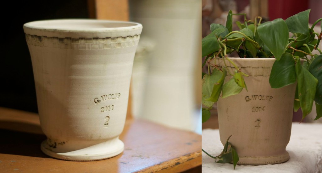 Each pot has it’s own personality and is handmade individually.  So while they look all the same, when you get close up, you start to see their differences.  This is the pot I chose for my plant at home.  I love the shape and the stamping at the top. 