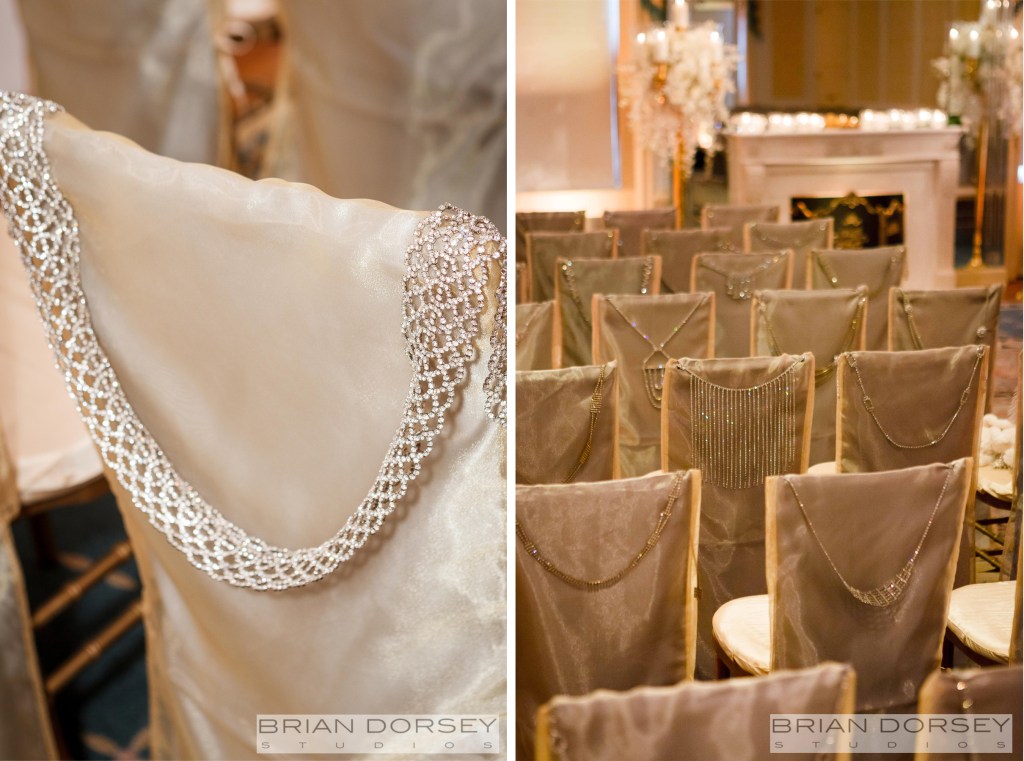 Each of the 63 chairs were fastened on the back with vintage rhinestone necklaces and belts.