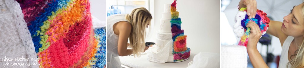 Remember, the colored sections of this cake were crocheted blindfolded!  Like Ron, not only does she use bold colors fro drama, but loves to use various kinds of yarn to add texture and interest to her installations.